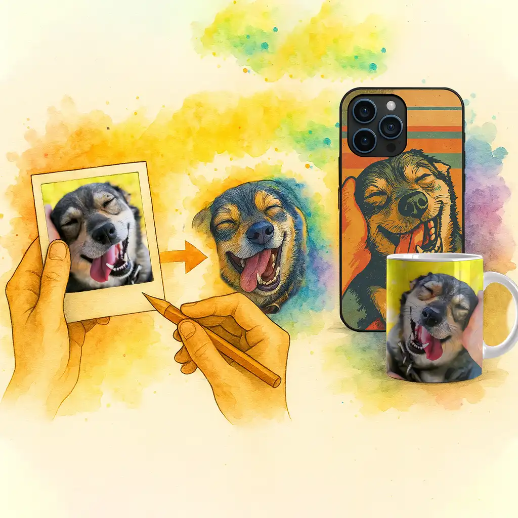 Egy kutyafotóból készülő egyedi grafika, telefontok és bögre