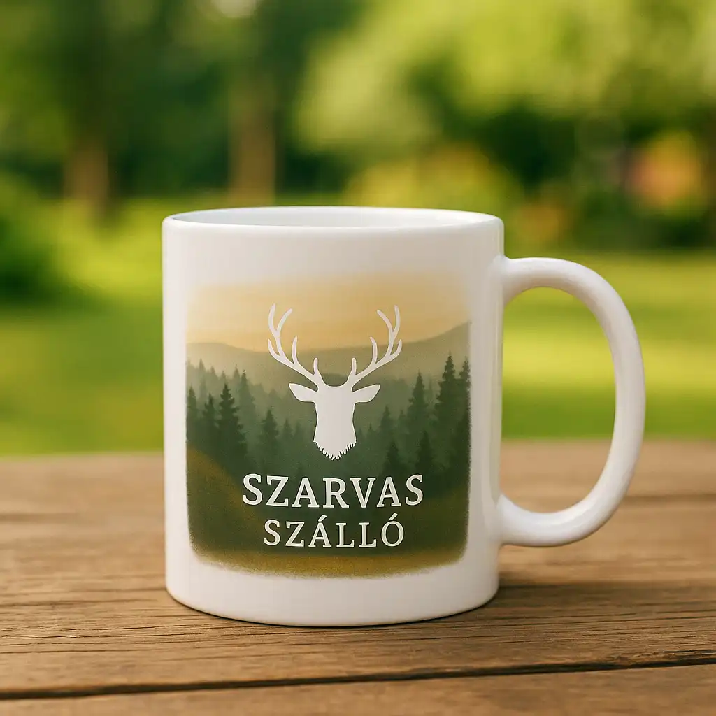 Szarvas Szálló arculatával készült bögre